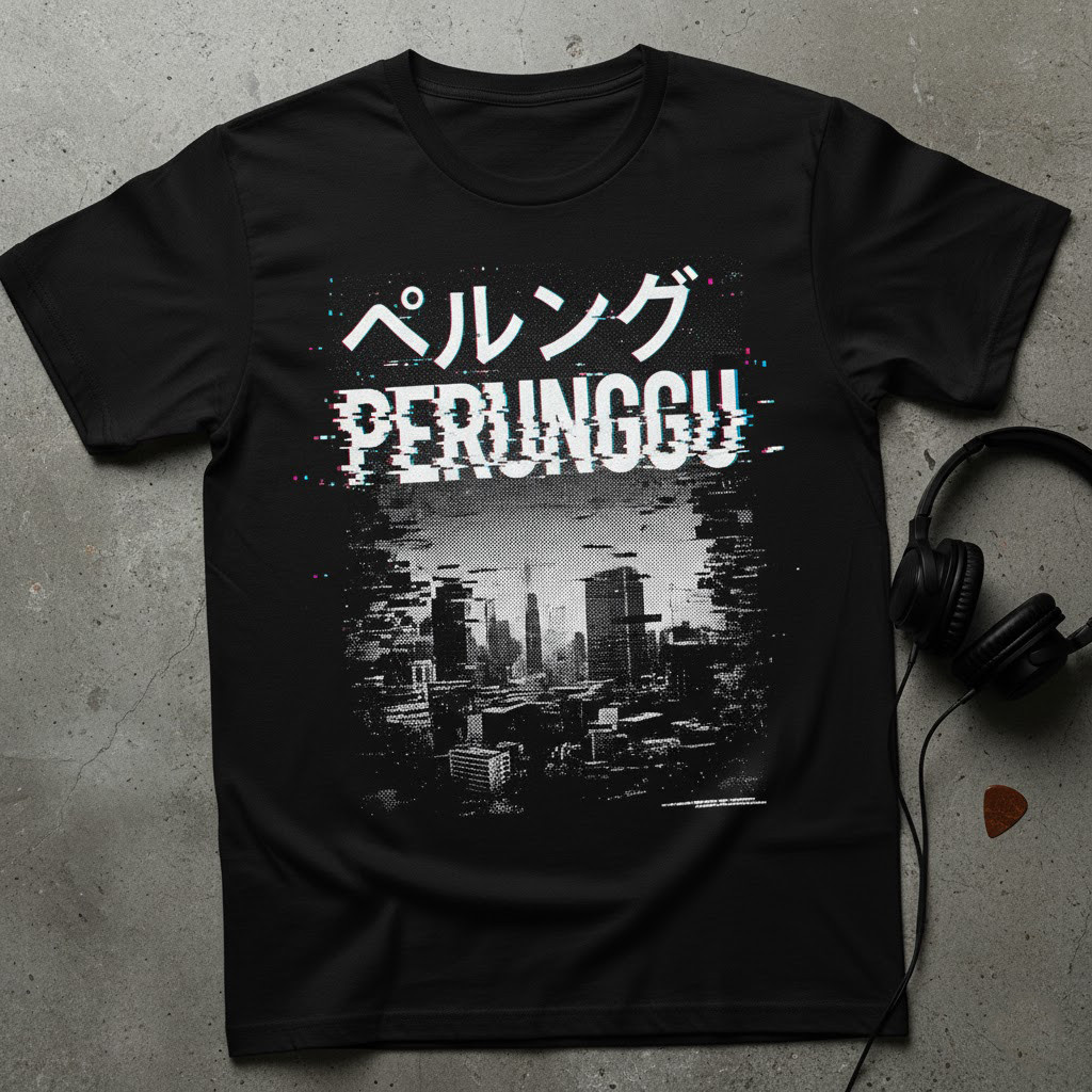 Kaos Distro Glitch Art PERUNGGU City Japanese Aesthetic | T-Shirt Oversize Pria Wanita Streetwear