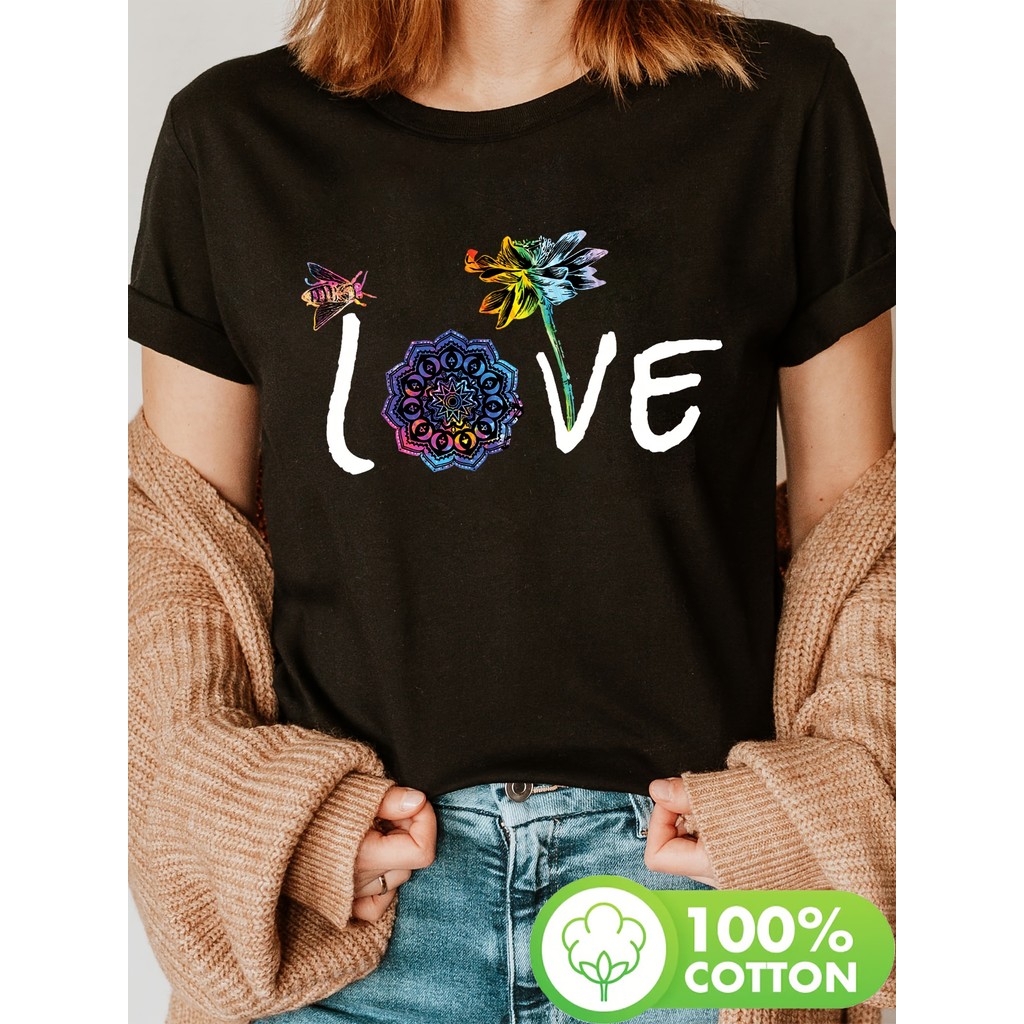 1pc Women'S Floral Love Lotus Print T Shirt Cotton Crew Neck Casual Top with Slight Stretch Knit Fab