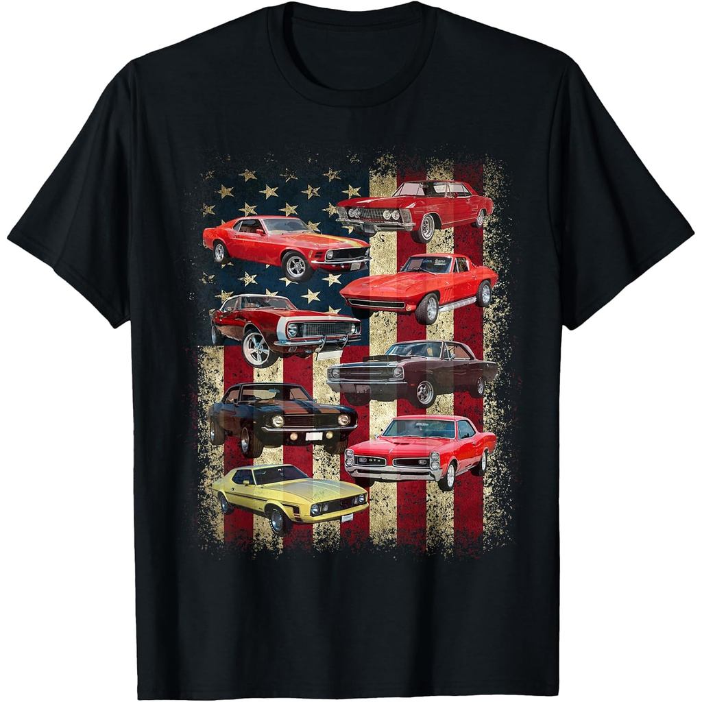 Kaos Mobil Otot Klasik Vintage Bendera Amerika Retro Patriotik