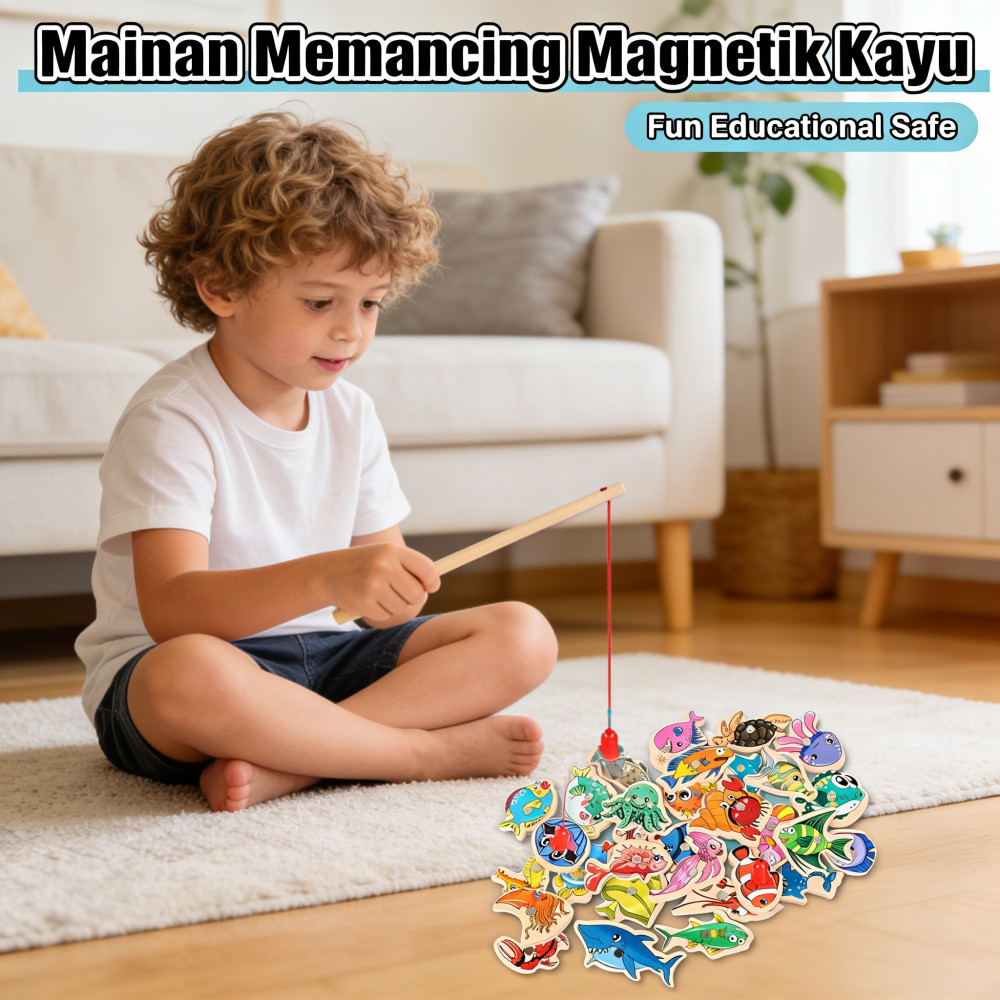 Pendidikan Anak 15/30 Buah Mainan Ikan Kayu Magnetik Kartun