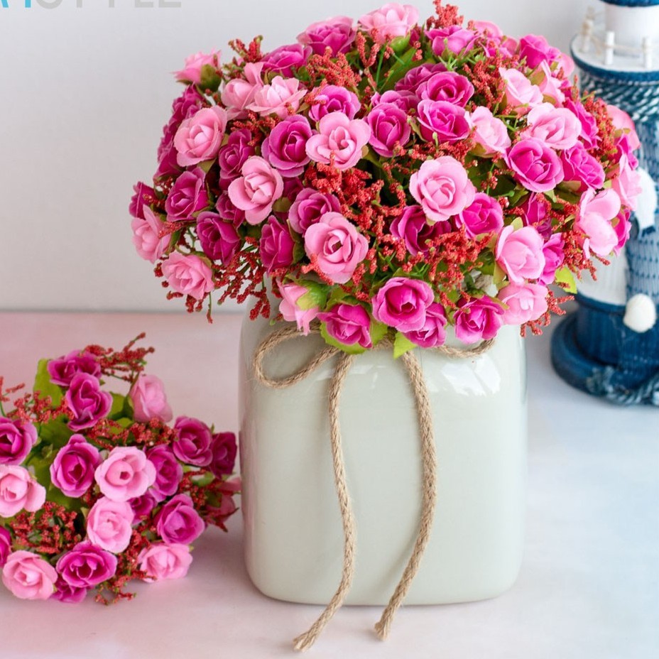 TERLARIS Bunga Mawar Mini Artificial Tanpa Pot Tanaman Hias Plastik Tangkai Rose Krisan Edelweis Ker