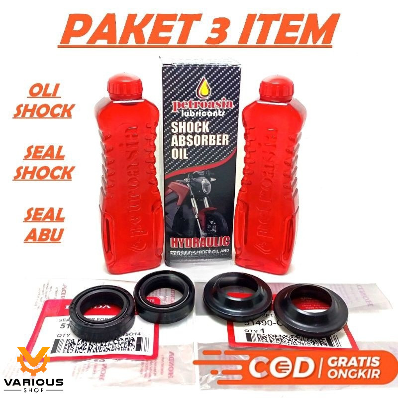 1 SET 3 ITEM SEAL SHOCK DEPAN + SEAL TUTUP DEBU + OLI SHOCK HONDA BEAT KARBU FI /SCOOPY