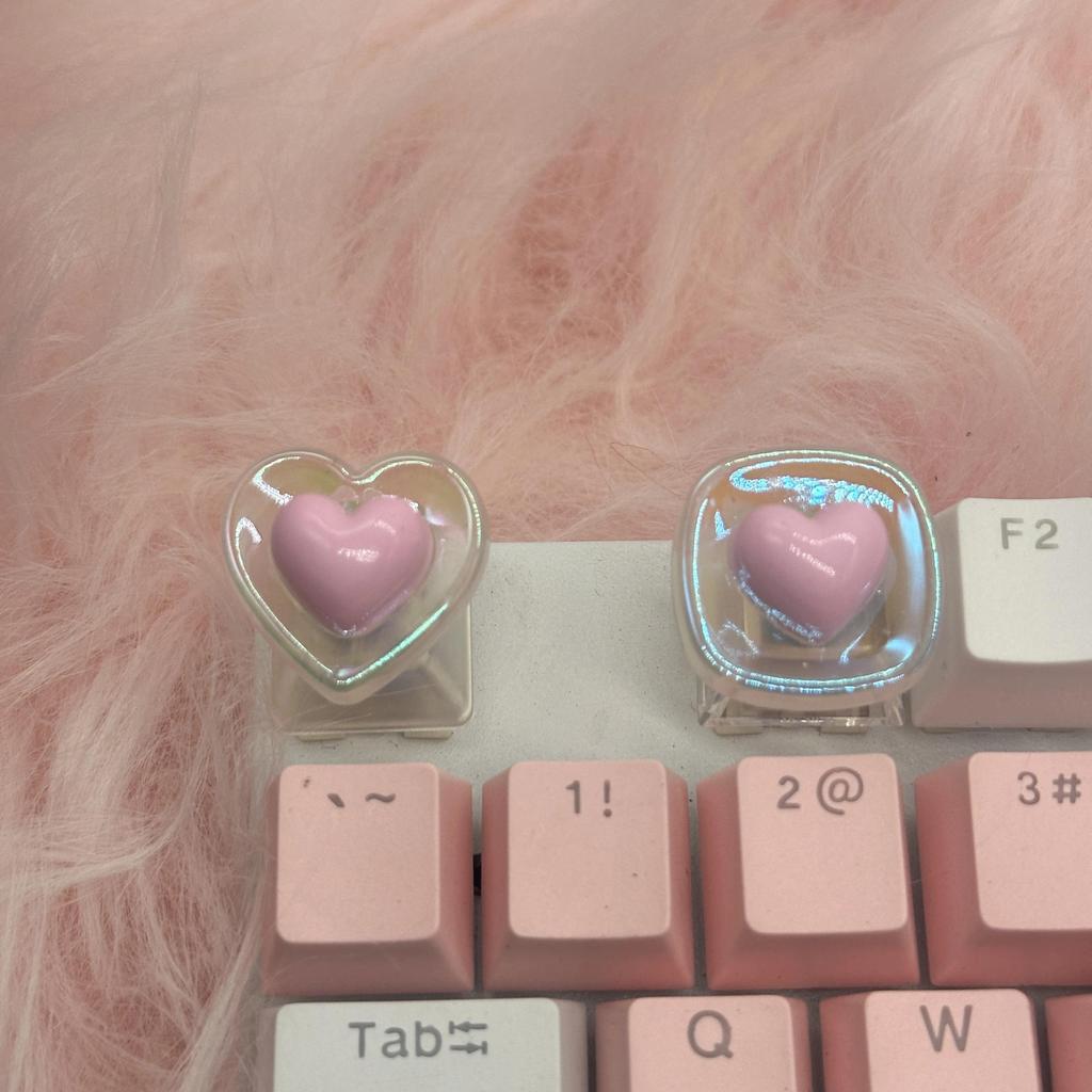 Colorful Pink Heart with Transparent Pink Heart Keycaps Y Handmade Personalized Mechanical Keyboard 