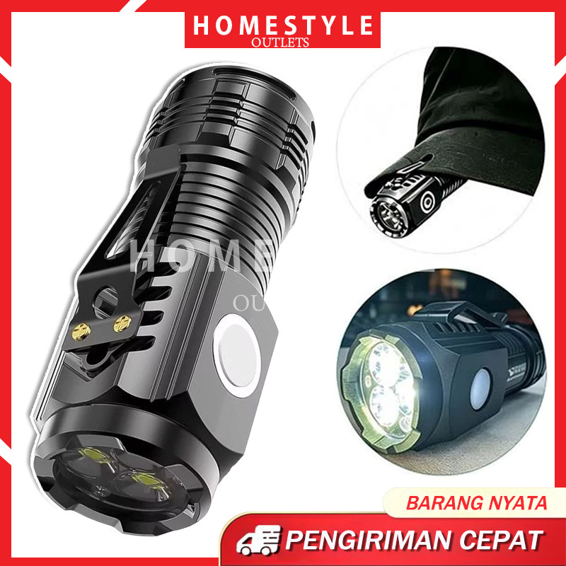 HM-Senter LED super terang Senter mini LED 3 mata Senter SWAT 3 mode pengisian daya Klip magnet LED 