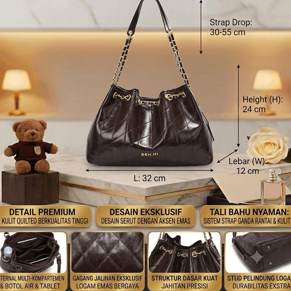 3280 JR Tas Shoulder Bag Wanita Rantai Tali Serut Mewah / Tas Bahu Kerja Wanita Import Glossy Leathe