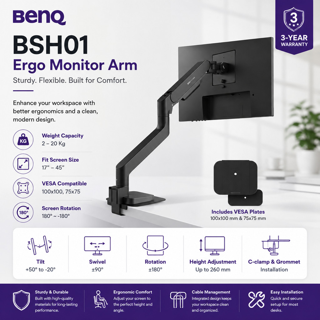 BenQ Ergo Monitor Arm Heavy Duty Desk Mount VESA 75x75 100x100 untuk Monitor 17-45 Inch Beban 2-20Kg