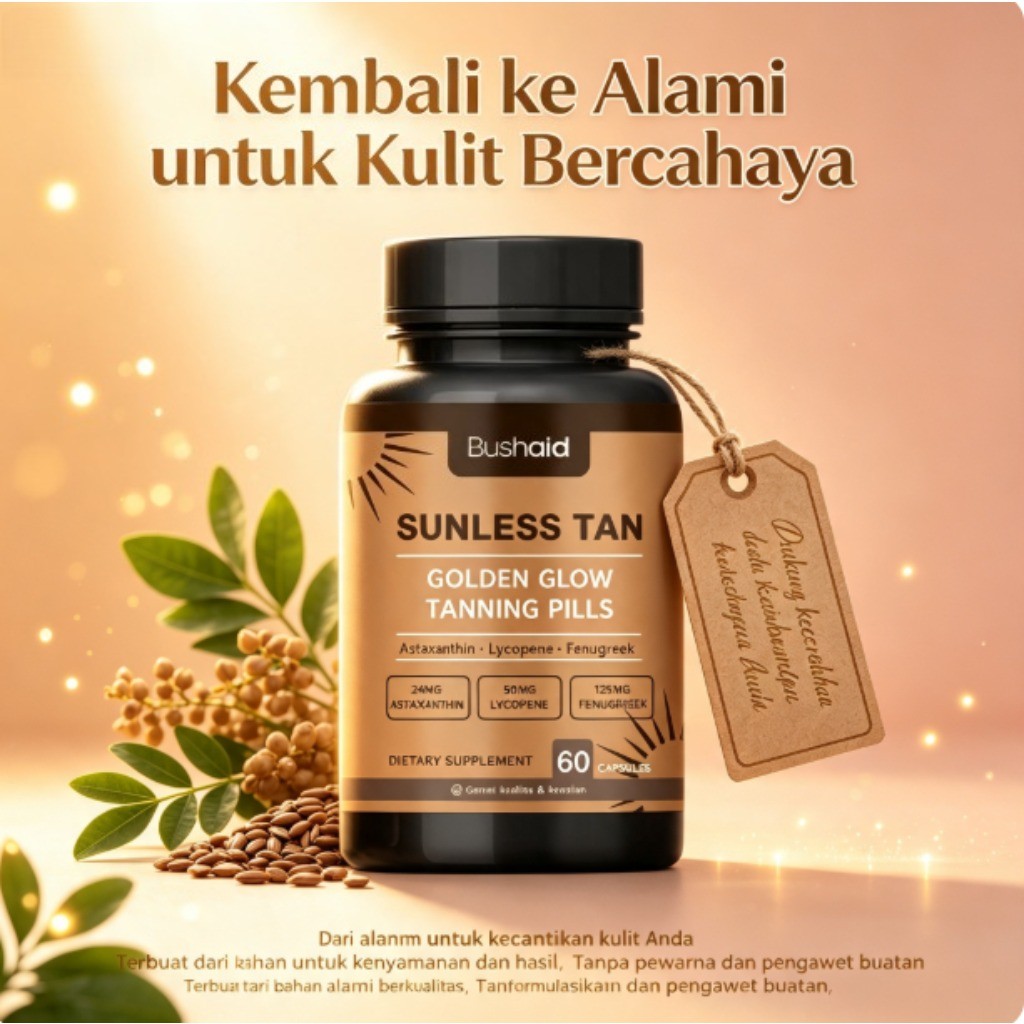Bushaid SUNLESS TAN GOLDEN Luminous Tanning Pills 60 Kapsul, Astaxanthin, Lycopene dan Fenugreek Men