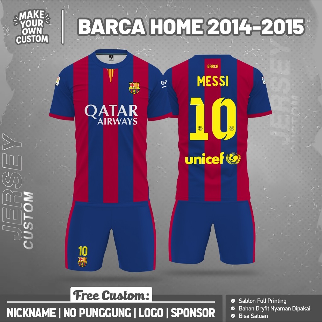 Jersey Bola BARCA HOME 2014-2015 PENDEK Free Custom Nama dan No Punggung Full Printing