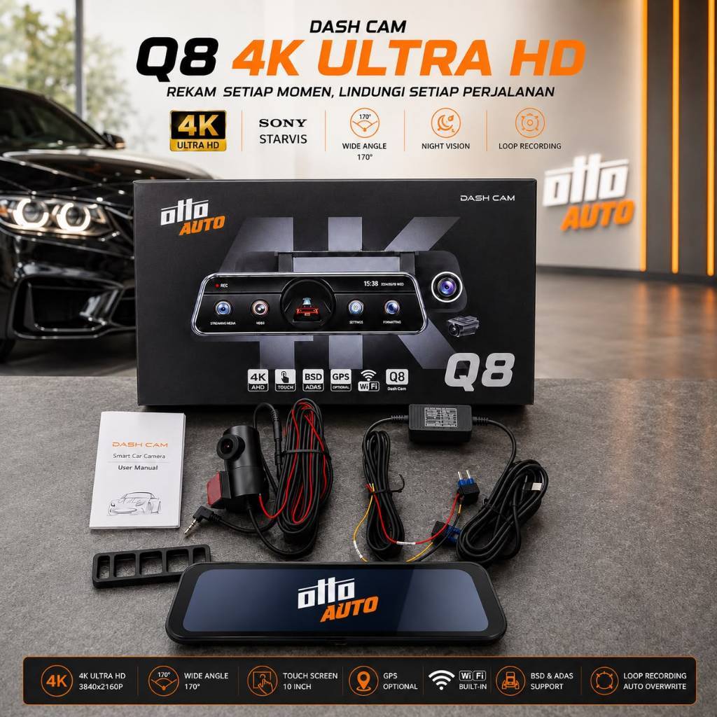 Dash Cam OTTO AUTO Q8 4K Ultra HD | Dual Camera Depan & Belakang | WiFi | GPS | G-Sensor | Mirror Da