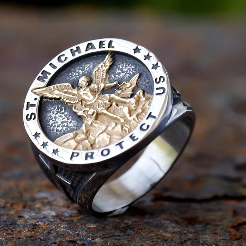 Cincin St Michael Salib Emas Warna Stainless Steel 316L BARU, Perhiasan Vintage Renaisans Untuk Pria