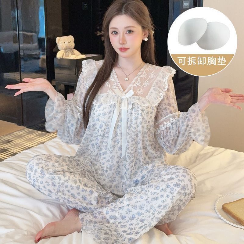 Foto Asli Baju Tidur Piyama Cewek Stelan Panjang Model Terbaru Dengan Lapisan Renda Jala Yang Manis 