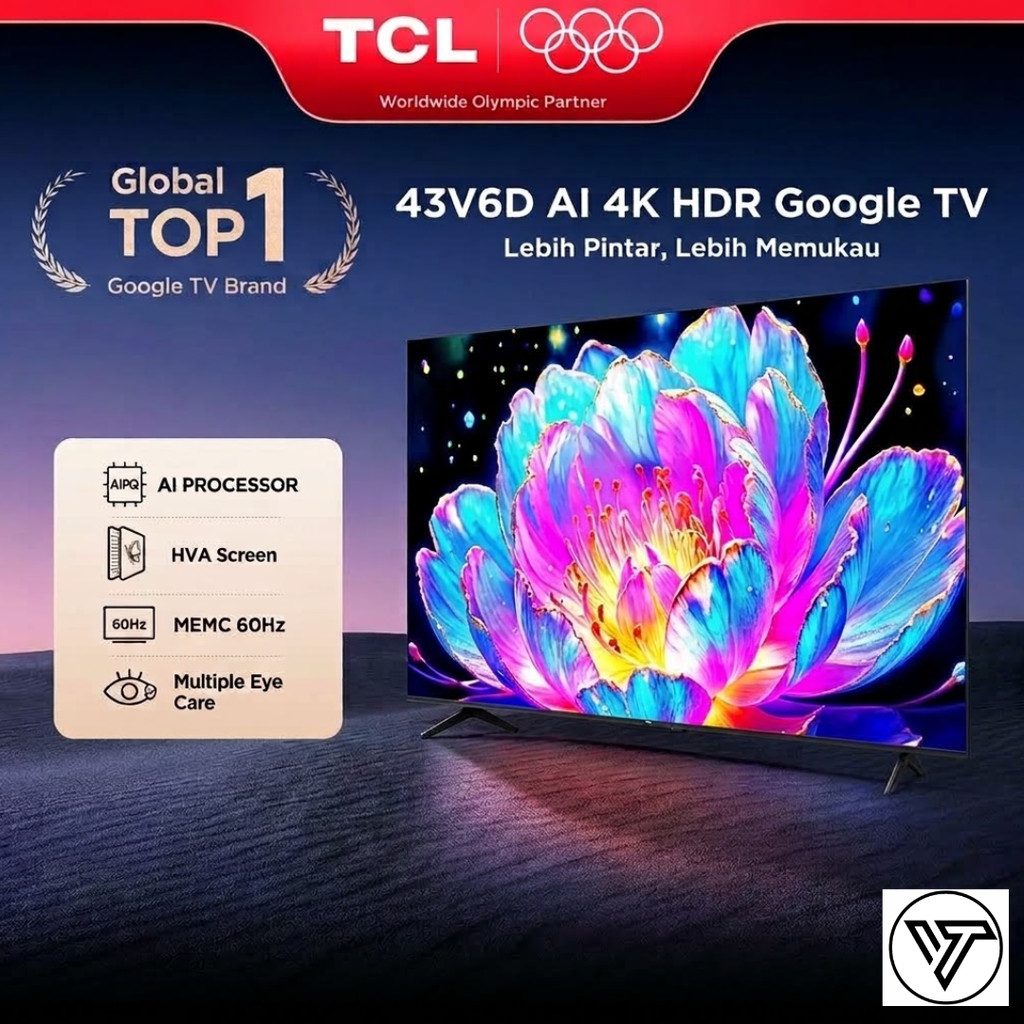 TCL AI 4K Google TV 43 inch V6D - MEMC - HDR 10 - HVA Panel Dolby Audio Google Play/Netflix/Youtube/