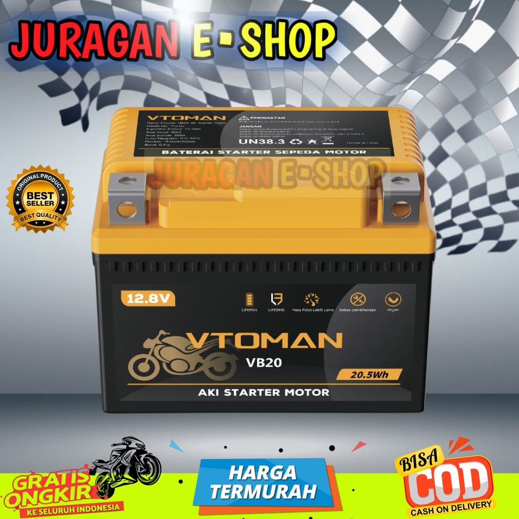 Aki Motor Lithium VTOMAN VB20. Aki Lithium Termurah. Aki Motor Racing 200 CCA. Aki Motor Full Kering