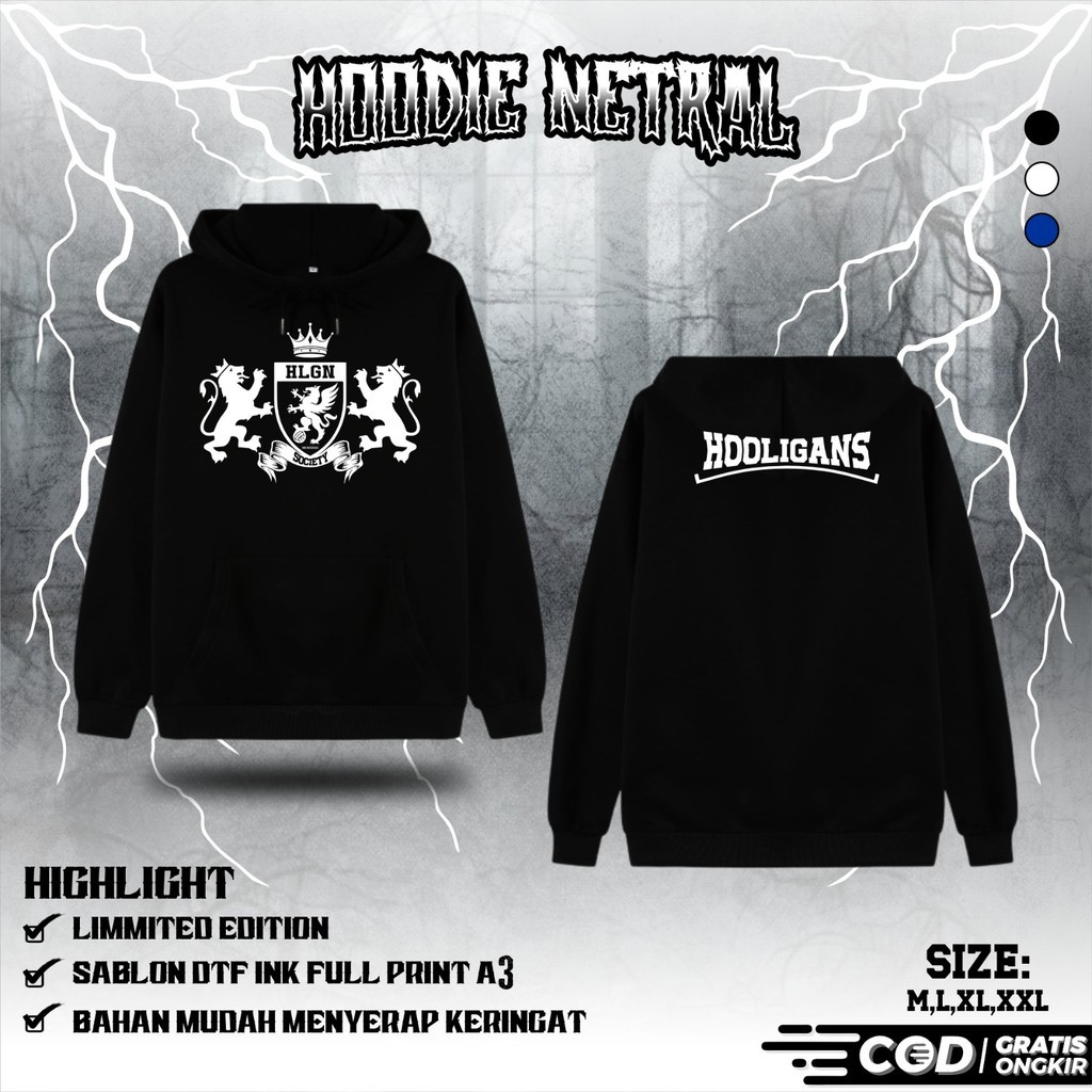 HOODIE NETRAL HOOLIGANS HLGN SOCIETY MOTIF SINGA JAKET NETRAL TERBARU - JAKET NETRAL BROTHERHOOD - J
