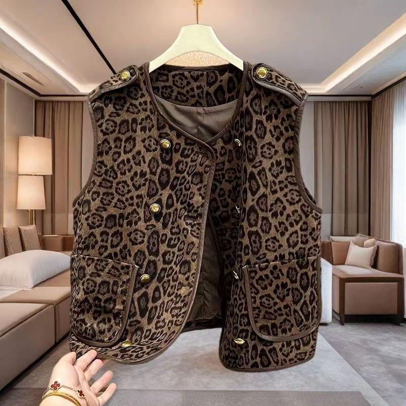 Ganda kancing macan tutul rompi jaket pakaian wanita baru gaya