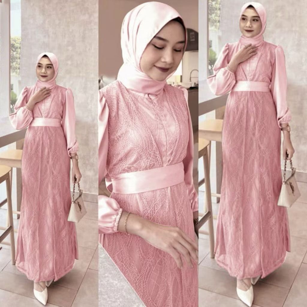 [𝐏𝐚𝐝𝐮 𝐃𝐫𝐞𝐬𝐬] Busui Dress Kekinian Maxi Brukat Rose Gold – Gamis Pesta Elegan Nyaman untuk Kondangan 