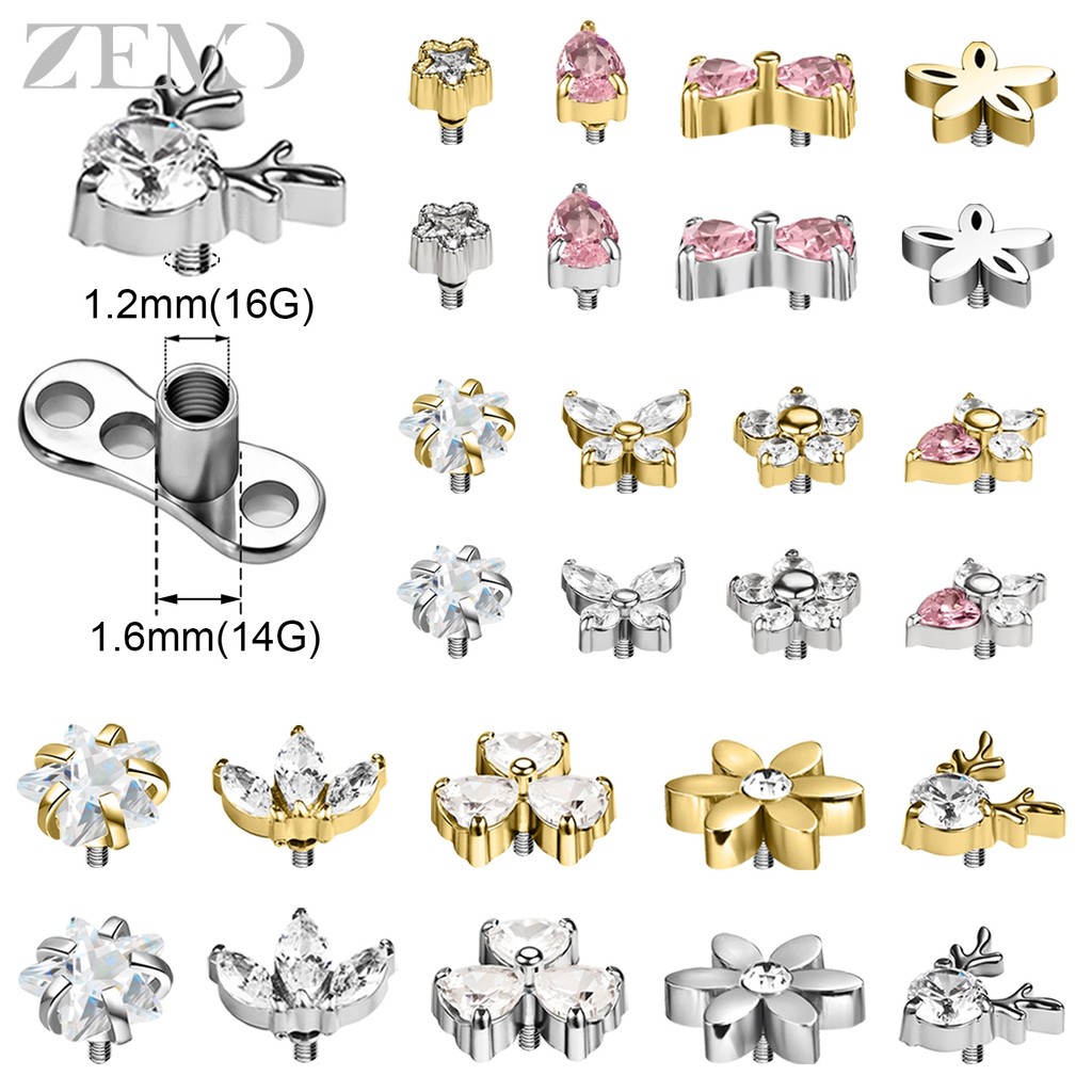ZEMO 1 PC 16G Stainless Steel Dermal Anchor Tops Women Men CZ Crystal Micro Dermal Piercing 2 Color 