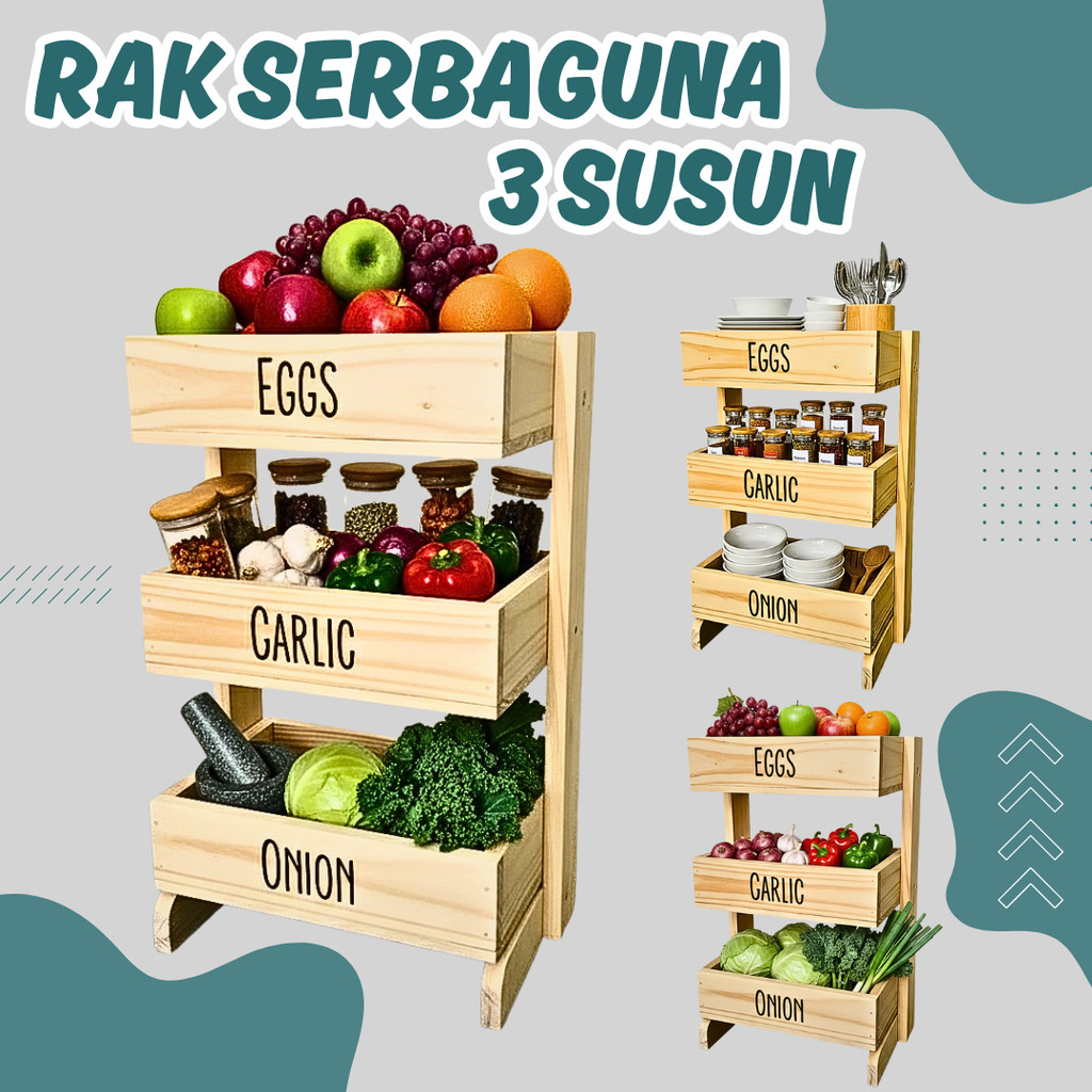 Rak Bawang Kayu 3 Susun / Rak Bumbu Serbaguna