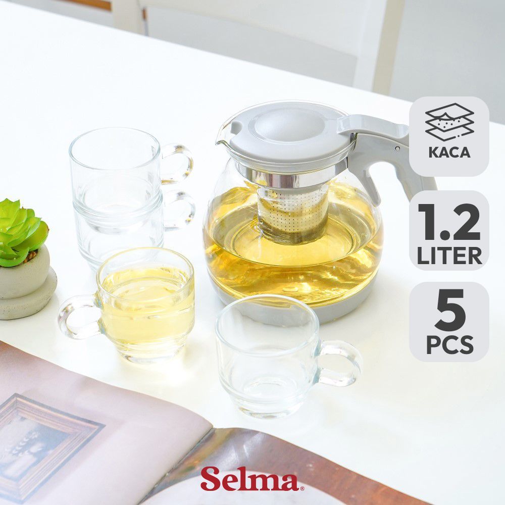 Selma Ivy Teko Teh & Cangkir Kaca 1.2 ltr Set 5 Pcs - Abu-Abu Water Jug Teko Air Pitcher Tempat Air 