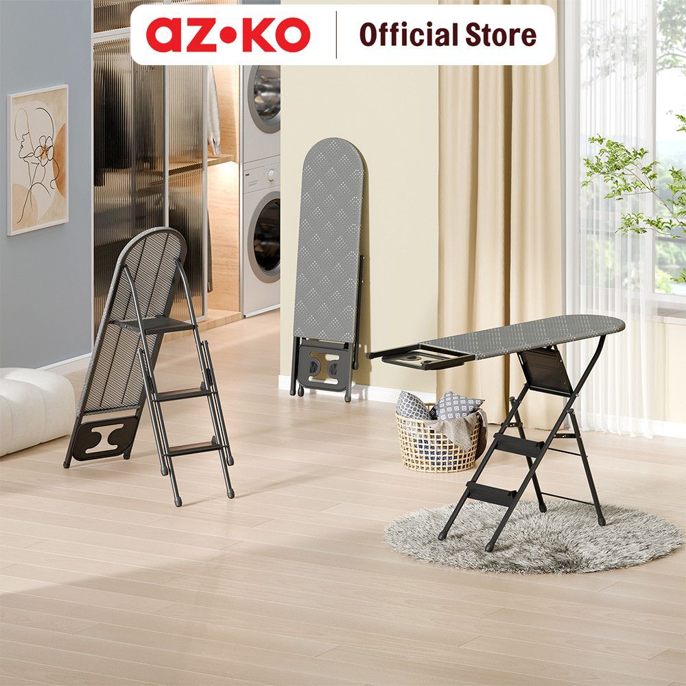 AZKO Stora Meja Setrika Lipat Multifungsi Dengan Tangga - Abu-abu Ironing Board Papan Setrika Meja L