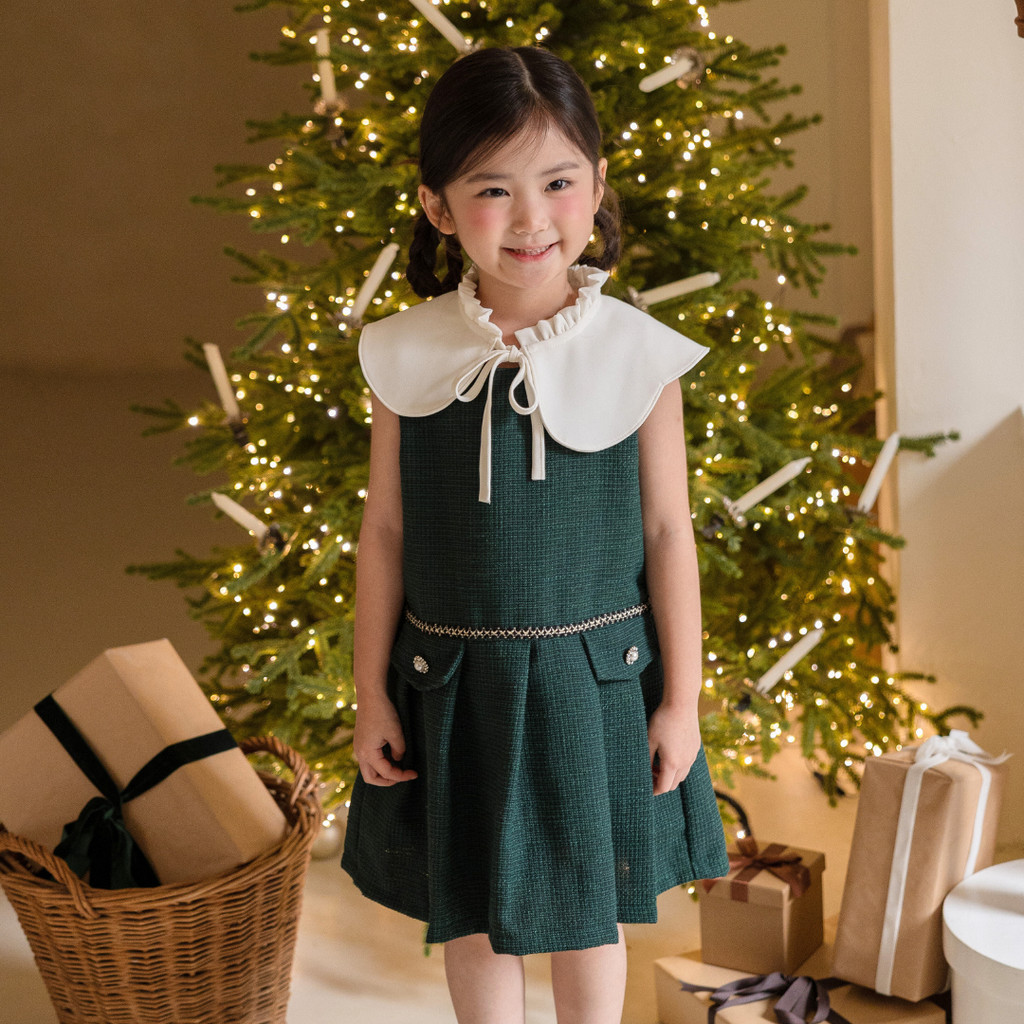 MOONJOY HANNAH TWEED DRESS - dress anak perempuan tweed emerald green korean style dress christmas n