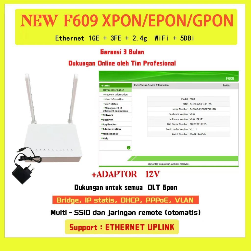 (Orion best) Modem ONT ONU F609 V9 XPON GPON EPON Casing Baru Dual Antena WiFi Support Indihome Siny