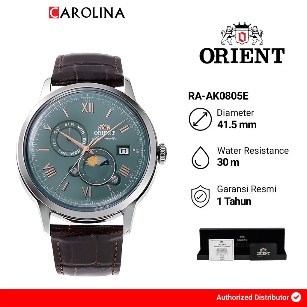 Jam Tangan Pria Orient Bambibno RA-AK0805E Automatic Sun & Moon Green Dial Brown Leather Strap