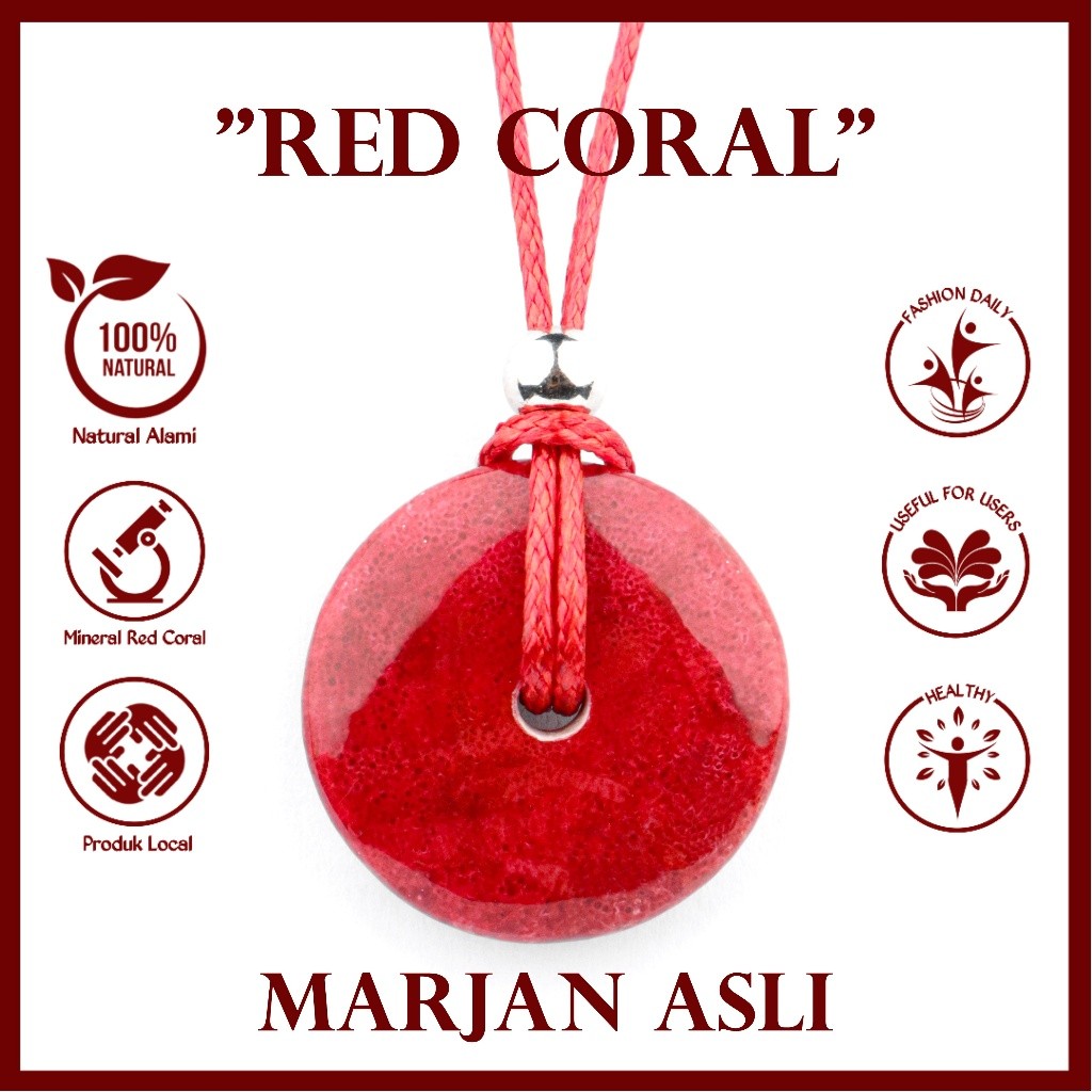 Liontin Koin Batu Red Marjan Coral Kalung Pria Wanita