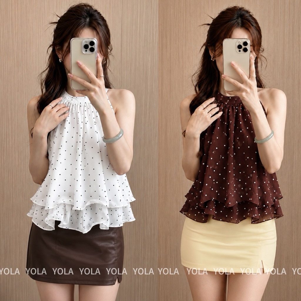 BRIGIXSHOP Yola - Freya Ruffle Top / Halter Neck Ruffle Top / Polkadot Halter Ruffle Top Atasan keme