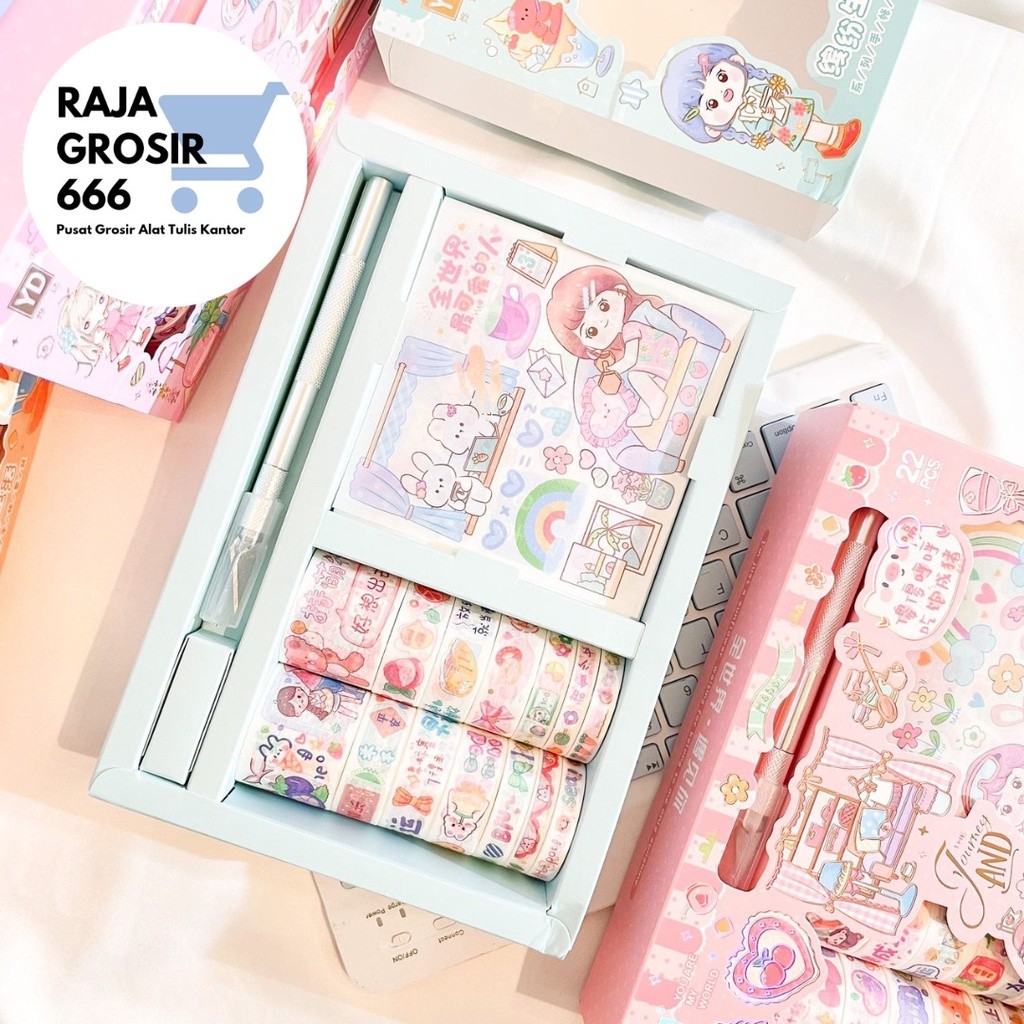 Paket Stickers dengan washi tape  YD-SZKD selotip gambar dan pisau pemotong stiker kado unik waran p