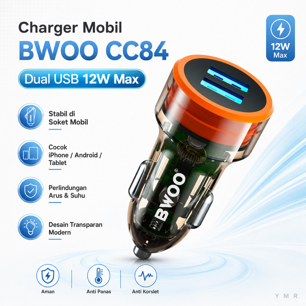 BWOO CC84 Charger Mobil Dual USB-A 12W 12V-24V Car Charger Transparan