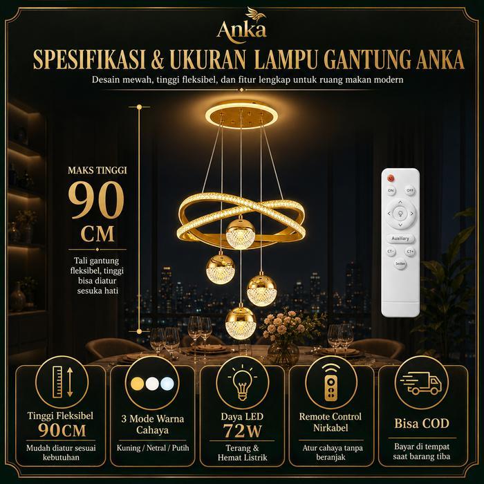 ampu Gantung Ruang Tamu Aesthetic LED 3Warnadengan Remote Control Lampu Gantung Kristal Makan Dekora
