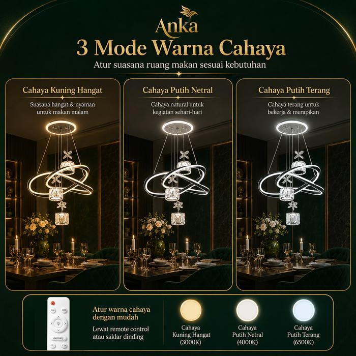 ampu Gantung Ruang Tamu Aesthetic LED 3Warnadengan Remote Control Lampu Gantung Kristal Makan Dekora