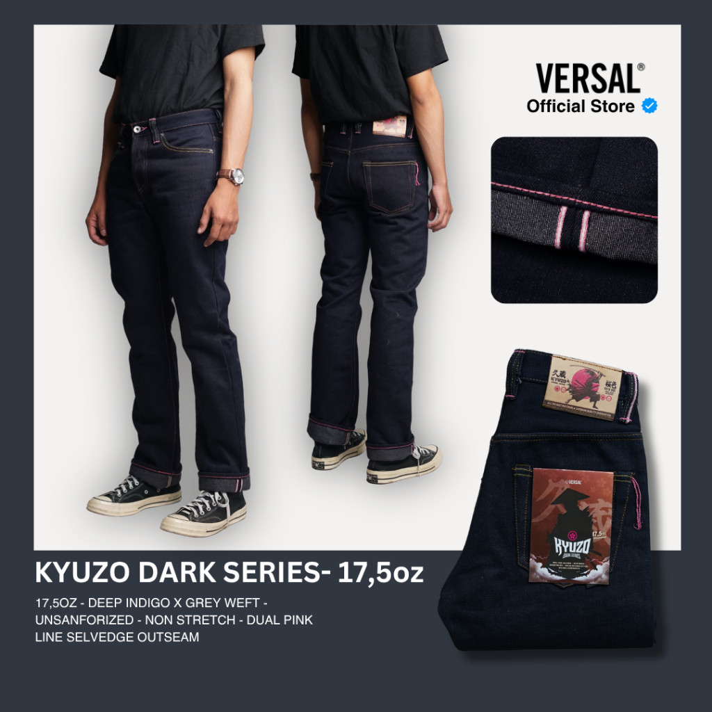 Versal The Finest-KYUZO PINK DARK SERIES V2 17,5oz Deep Indigo x Grey Weft with Double Pink Line Sel