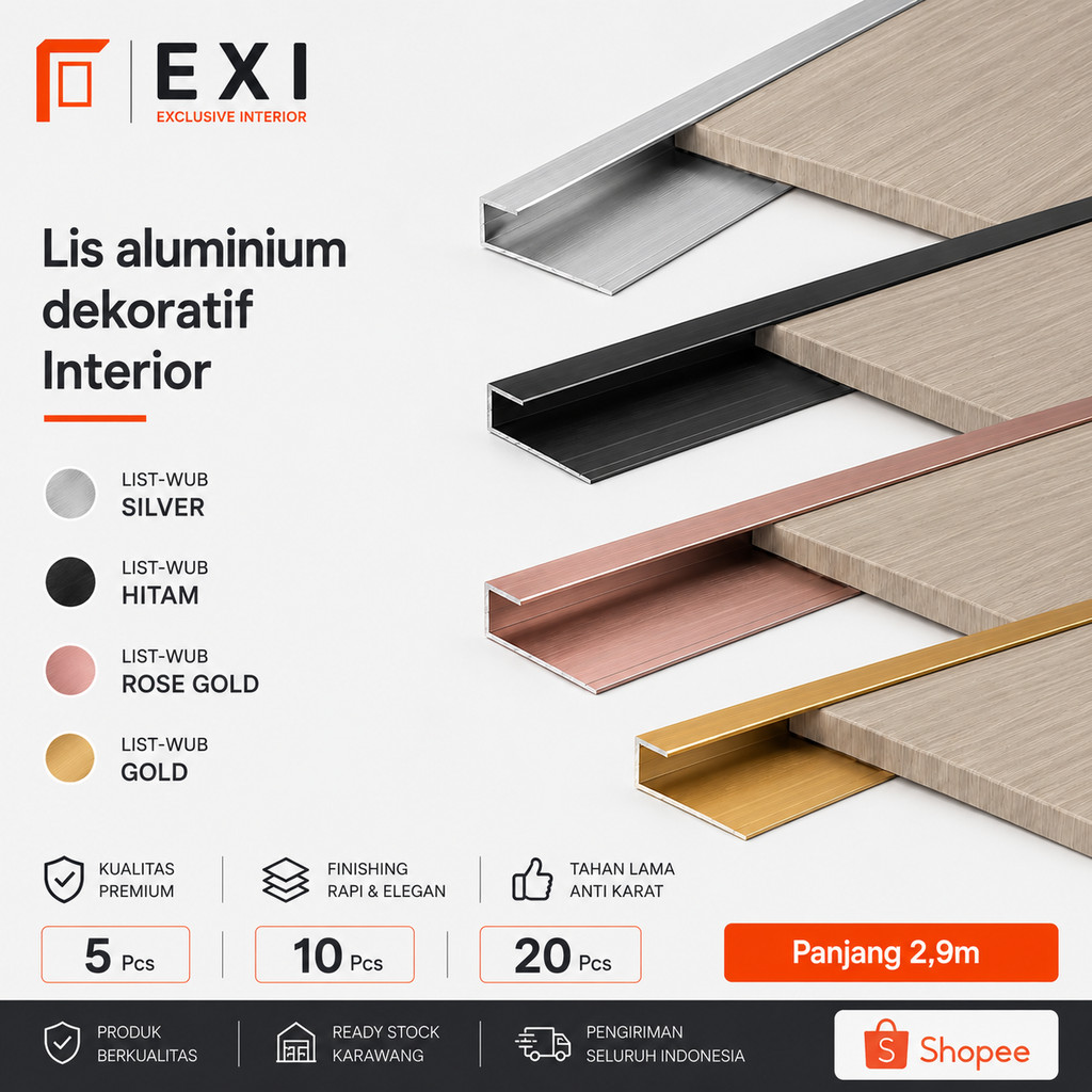 Exi - Lis Sambungan Aluminium Dinding Interior| Lis T Besar T Kecil V W | List Sambungan Dinding Wal