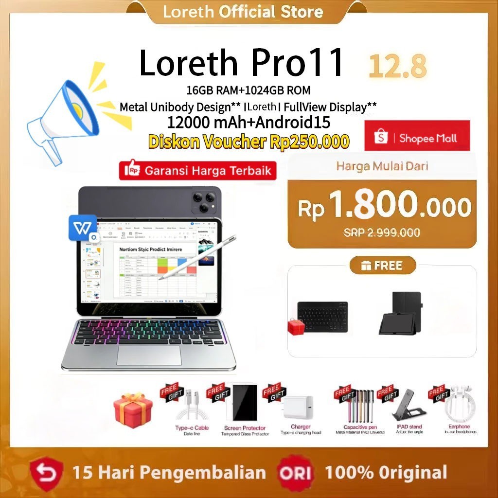 Loreth Tablet PC Tablet Pro11 (16GB+1024GB) 11.6inch"lPs ScreenTablet Android 12 8800 mAhDual SimCar