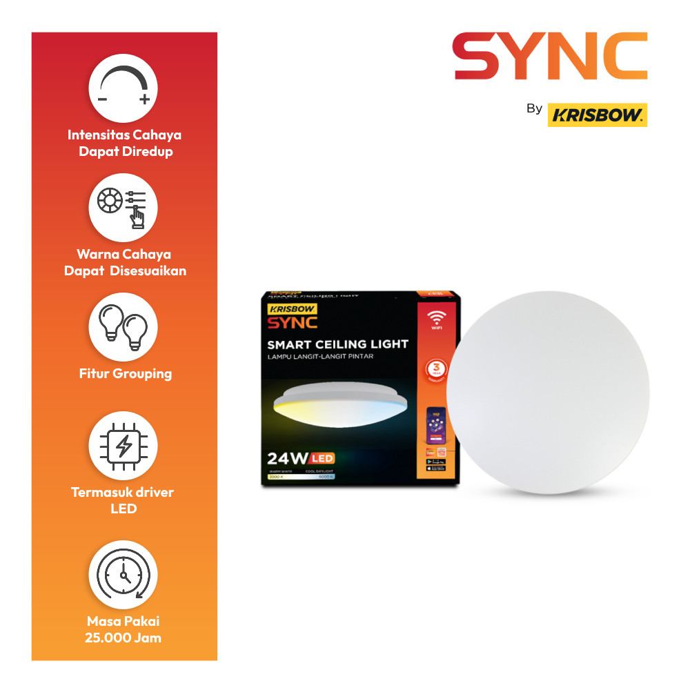 Krisbow Sync Smart Lampu Langit-Langit Wifi Ceiling Lamp Flush Ceiling Light Lampu Plafon Overhead L