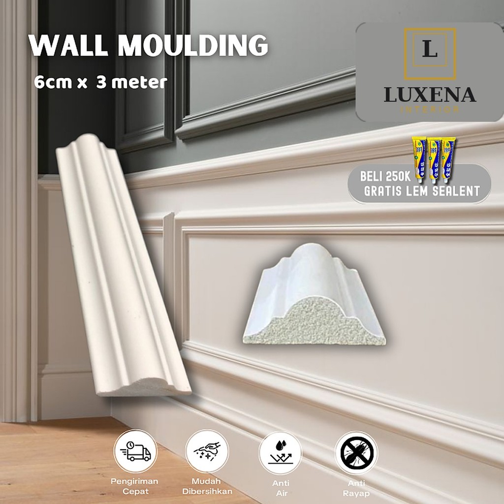 Wall Moulding PVC 6cm x 3 Meter - List Plafon Premium Lis Profil Dekorasi Dinding Rumah