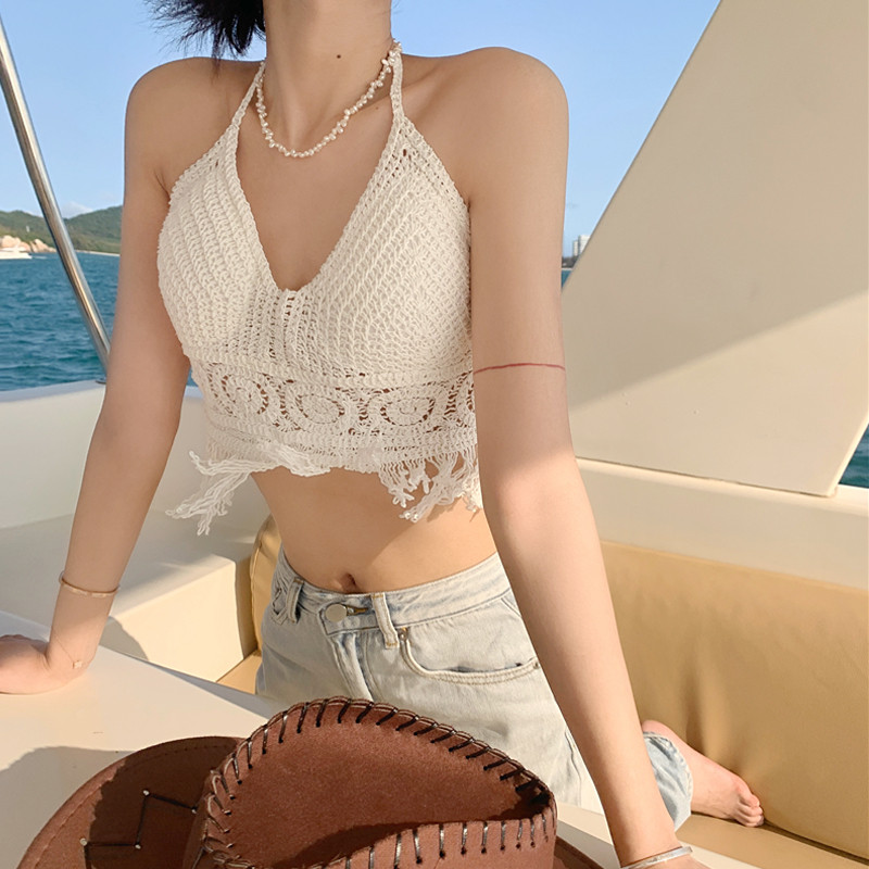 Bh Bikini Rajut Crochet Tali Leher Bustier Empuk Wanita Atasan Terbuka Punggung Fashion Pantai Bali