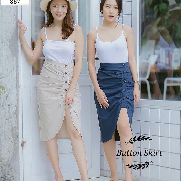 es Rok Pendek Button skirt 867 Navy Cream stretch Skirt Mini Midi - sisa CREAM saja