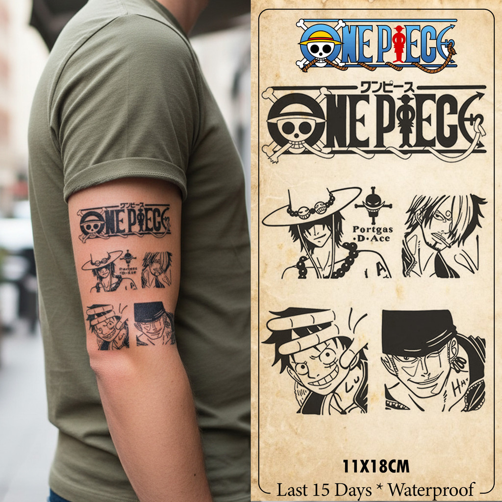 Stiker Tato One Piece 18x11cm – Desain Luffy, Zoro, Sanji, Ace – Tato Temporer Anime Waterproof