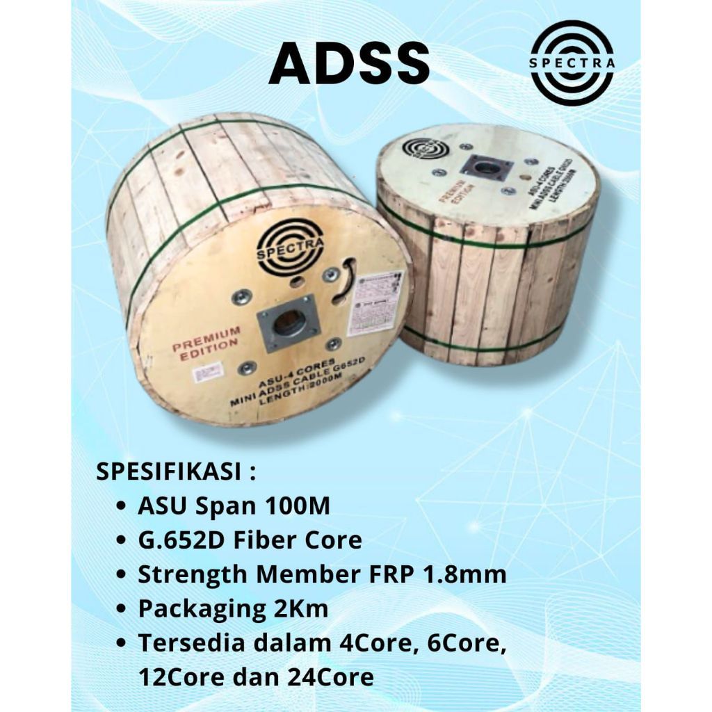 SPECTRA KABEL FIBER OPTIK FO MINI ADSS CORE 4 CORE 6 CORE 12 CORE 24 CORE Panjang 2KM 2000 G652D