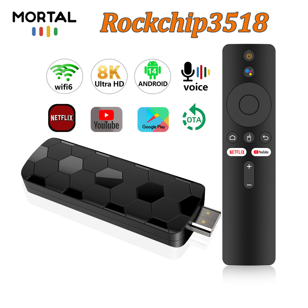 Mortal R3+ Android 14 Smart TV Stick Rockip RK3518 Support 4K Video BT5.0 WiFi6 USB3.0 2G 16G Google