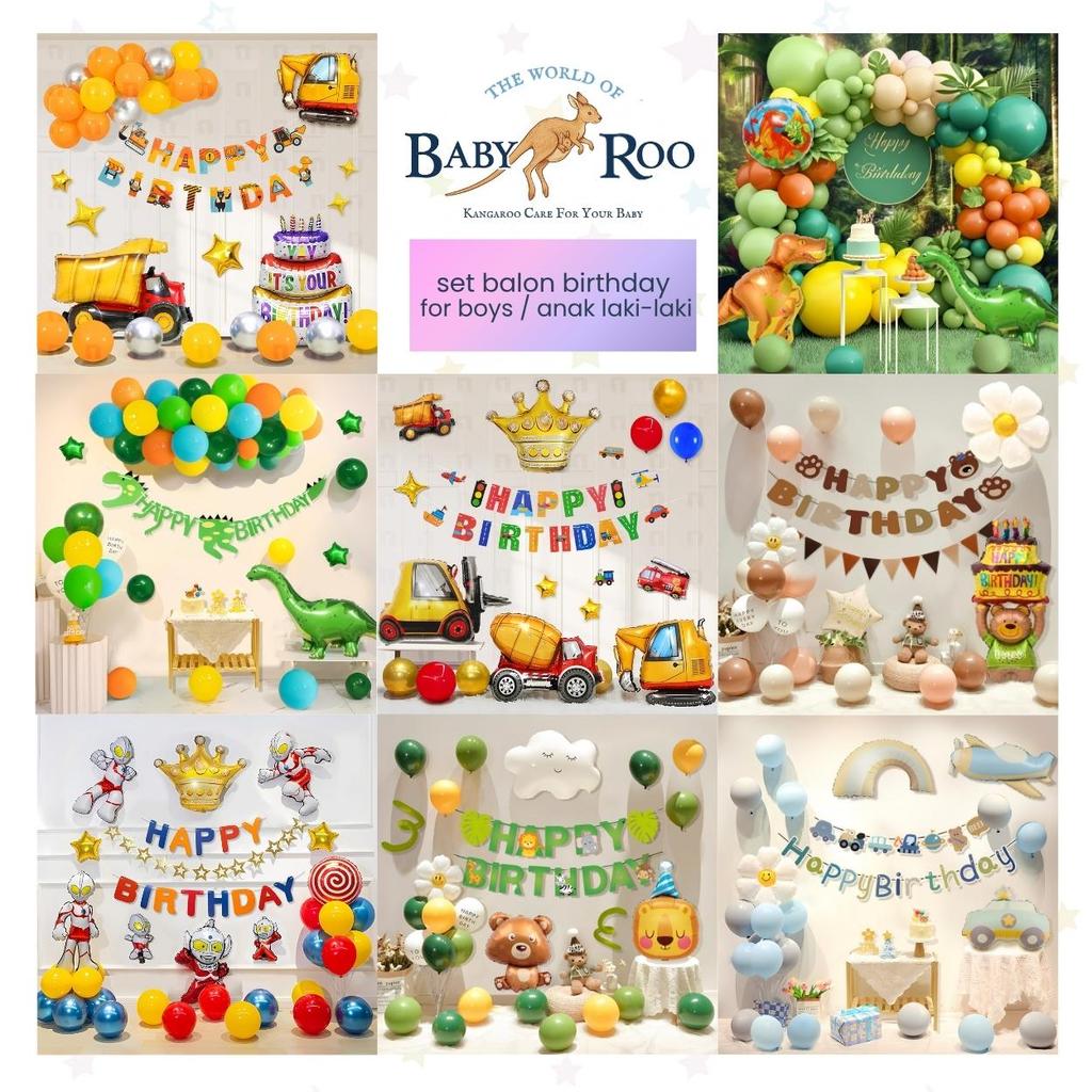 BABY ROO Set Balon Dekorasi Happy Birthday / Ulang Tahun Laki-laki Boy Alat Berat Heavy Equipment Sa