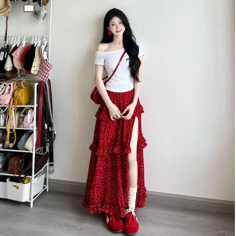 ChubChic COD Rok Midi Belahan Polkadot Merah Seksi Gaya Korea, Rok Panjang