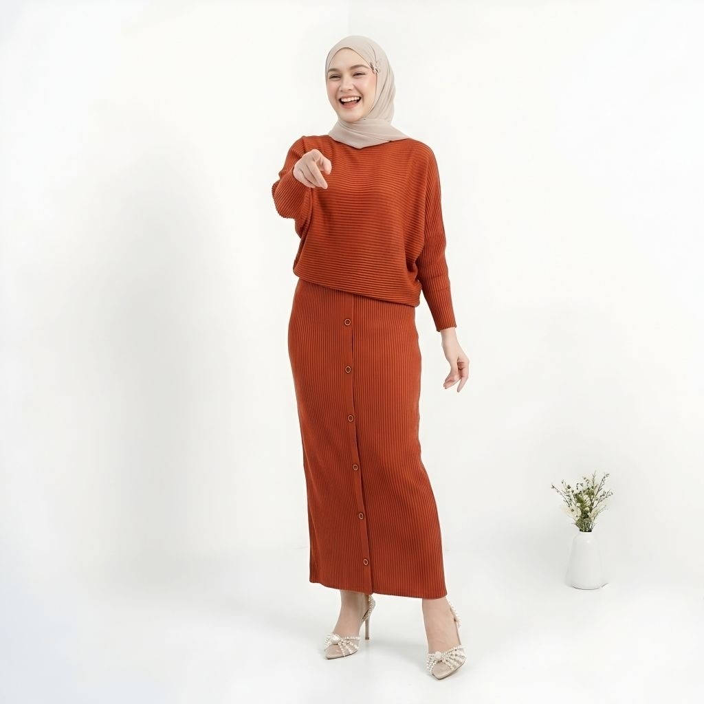 Setelan Baju Muslim Wanita Modis Set Rok Panjang Button Knit Rib Outfit Hijab Casual Elegant Modern 