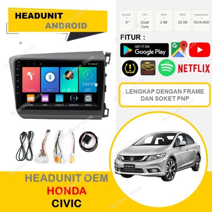 Headunit Android Honda Civic FB 9 Inch PNP lengkap frame Soket Canbus