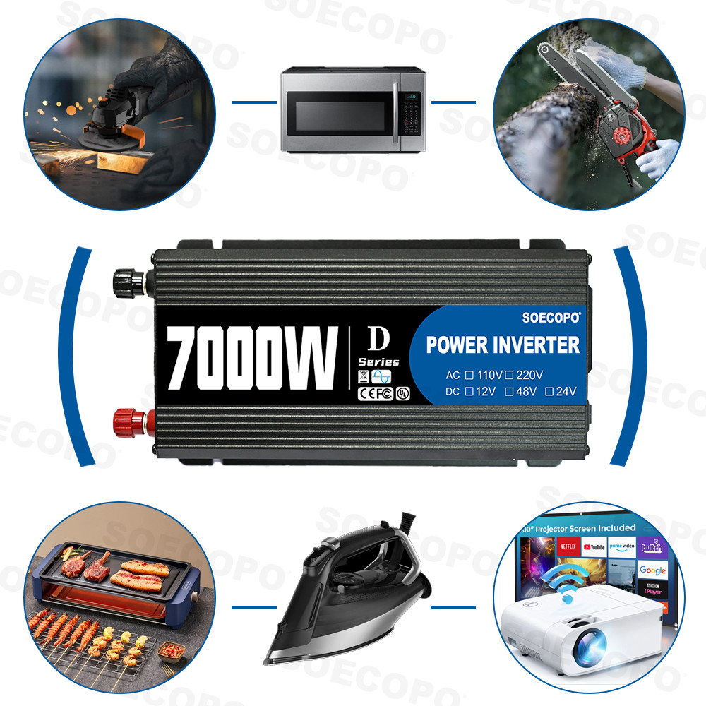 SOECOPO 7000W Peak Portable Smart Solar Inverter Converter DC 12V/24V/48V To AC 110V/220V for Campin