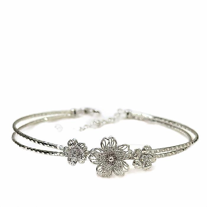 Gelang Choker Emas Putih Bunga Berderet Variasi Sirkon Kadar 17K Whitegold