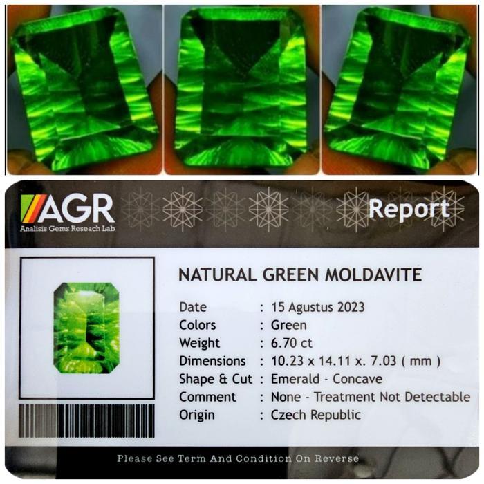 Batu Permata Green Moldavite Octagon Original Garansi - Tanpa Memo
